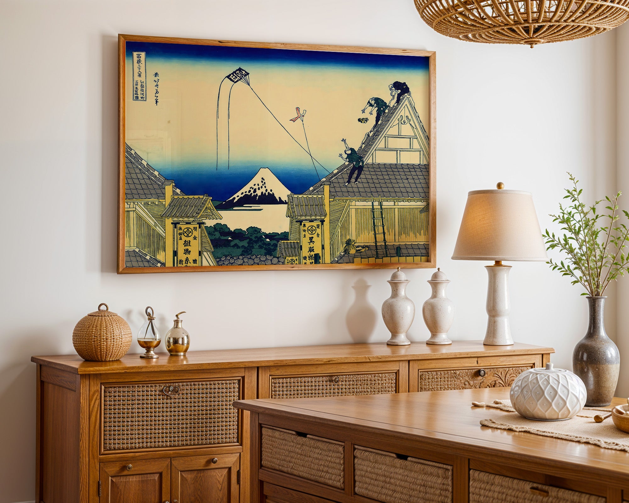 Japanese Rooftop Workers Mount Fuji Scene Print