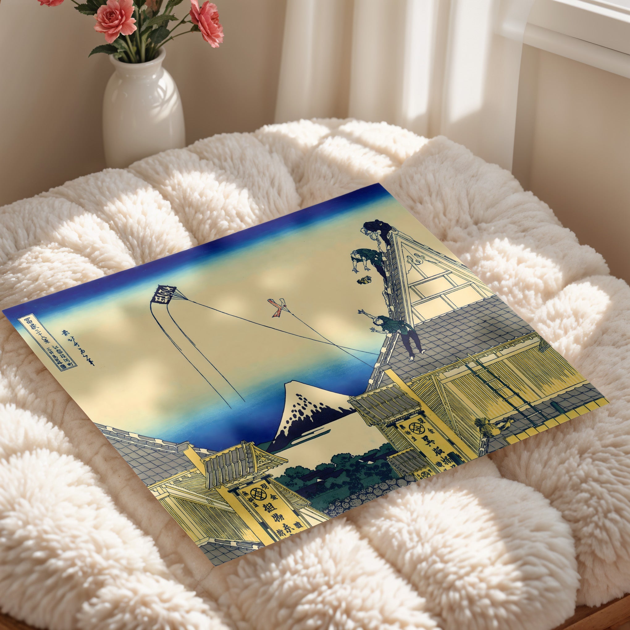 Japanese Rooftop Workers Mount Fuji Scene Print