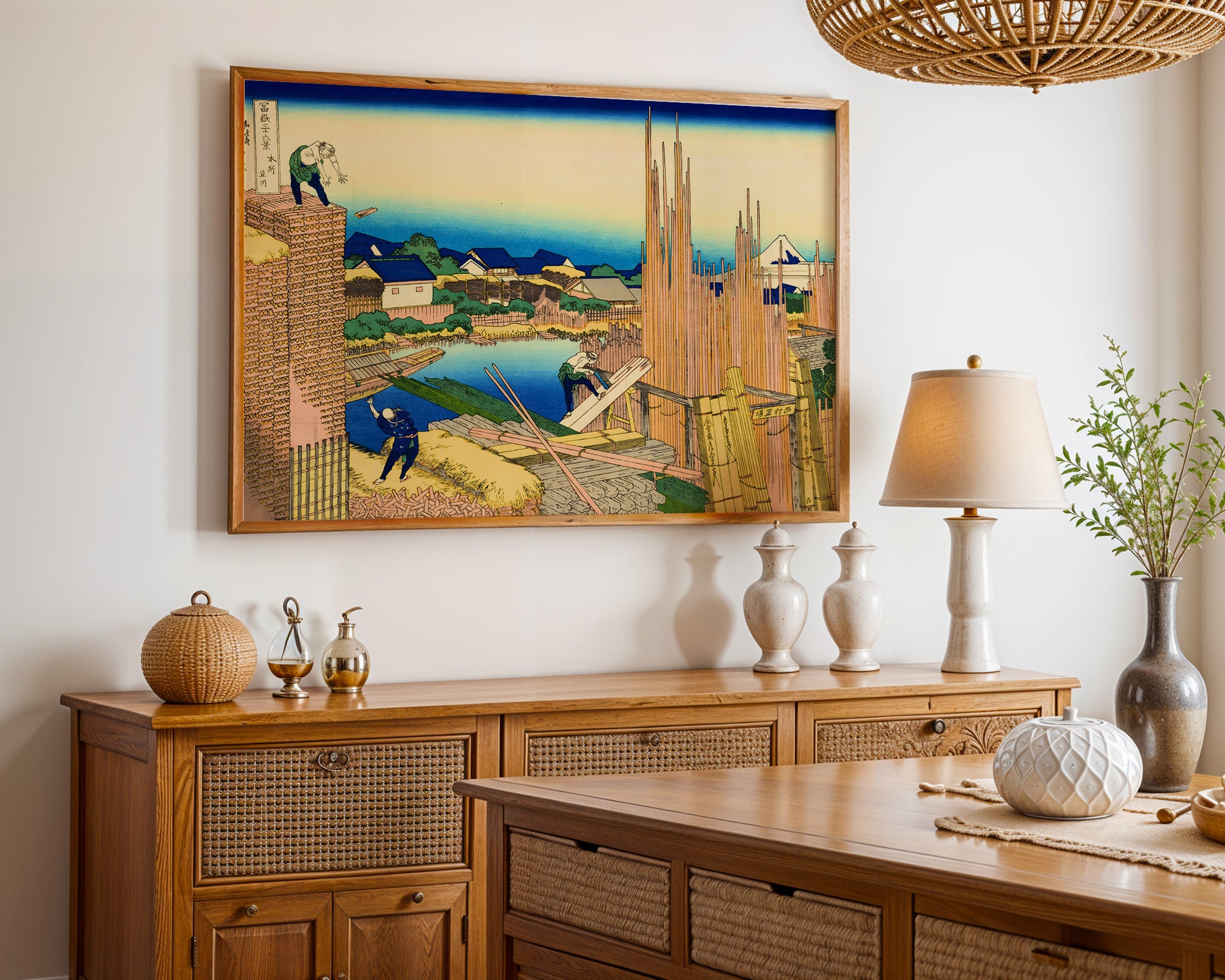 Japanese Riverside Construction Scene Print