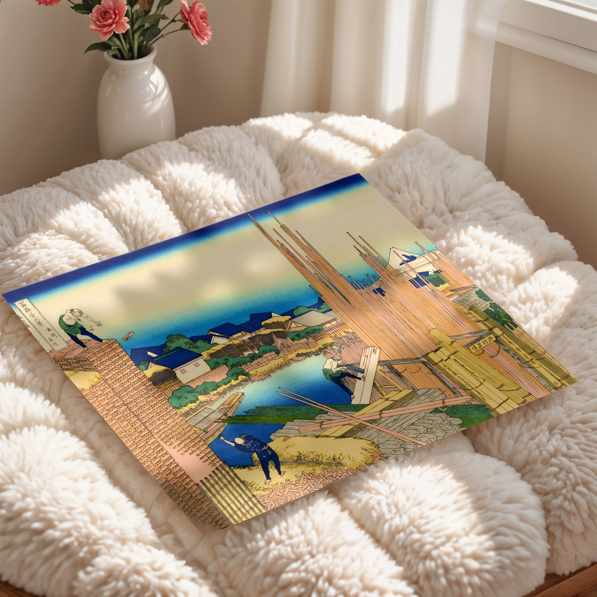 Japanese Riverside Construction Scene Print