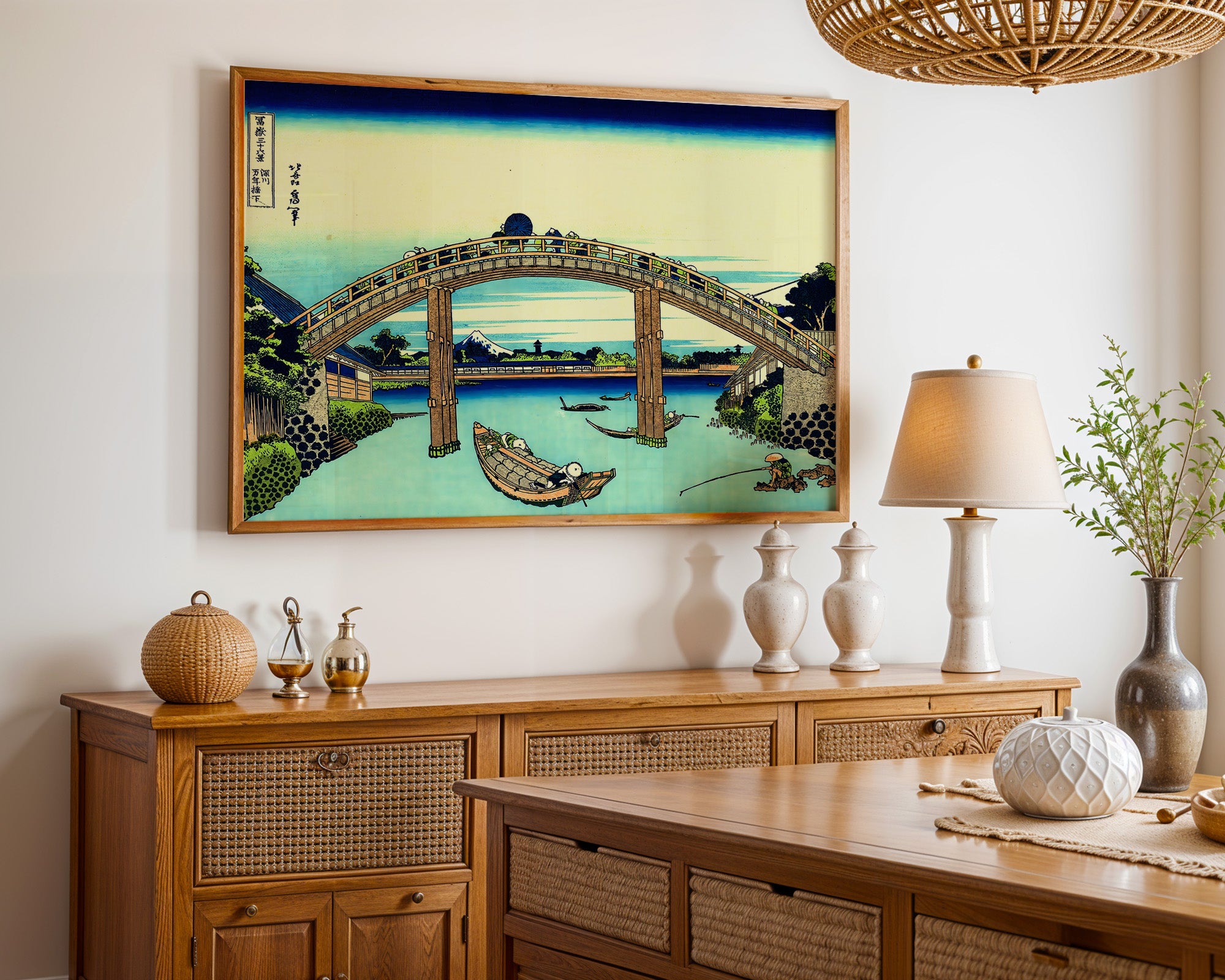Japanese Arched Bridge River Scene Print