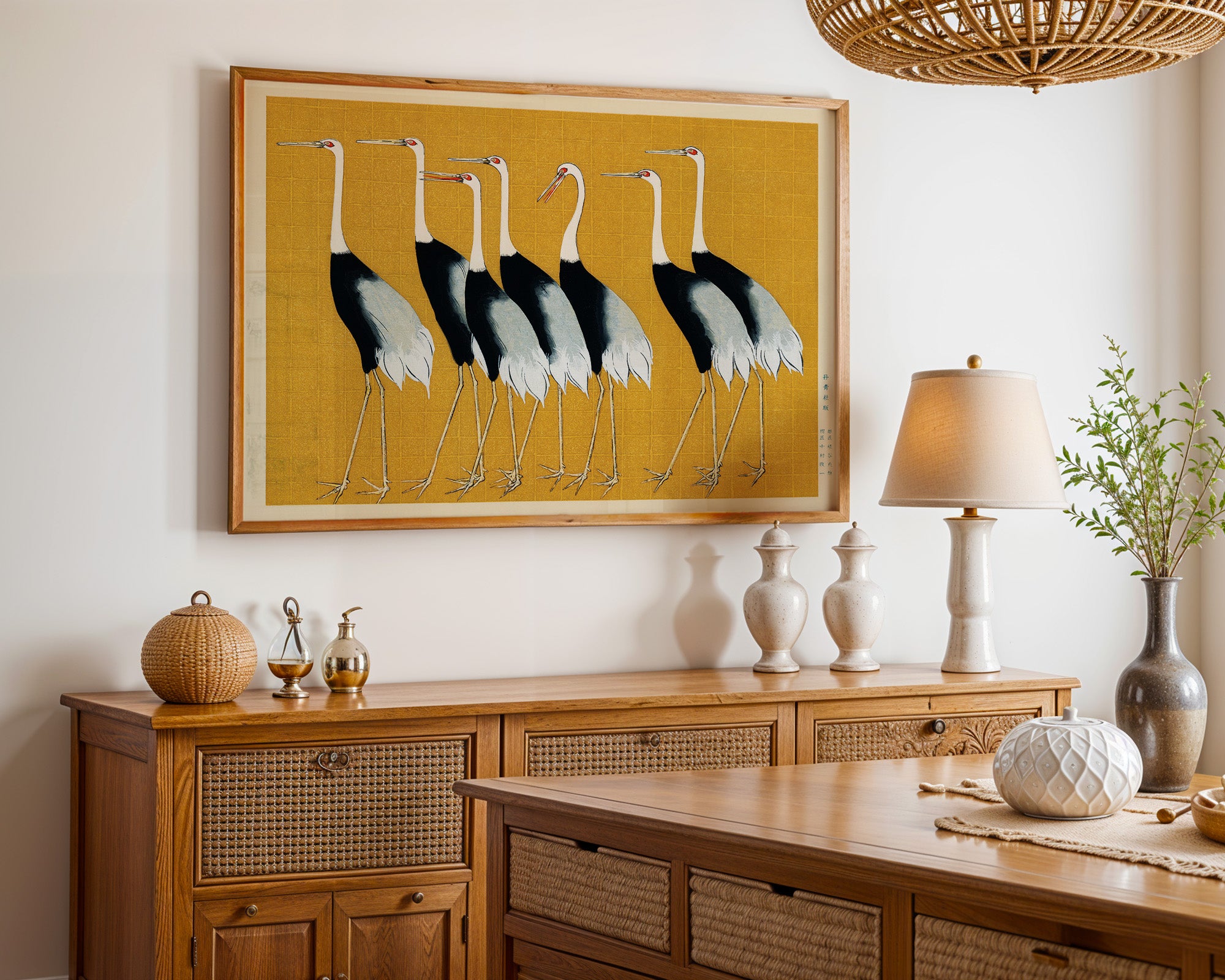Japanese Crane Gold Screen Art Print