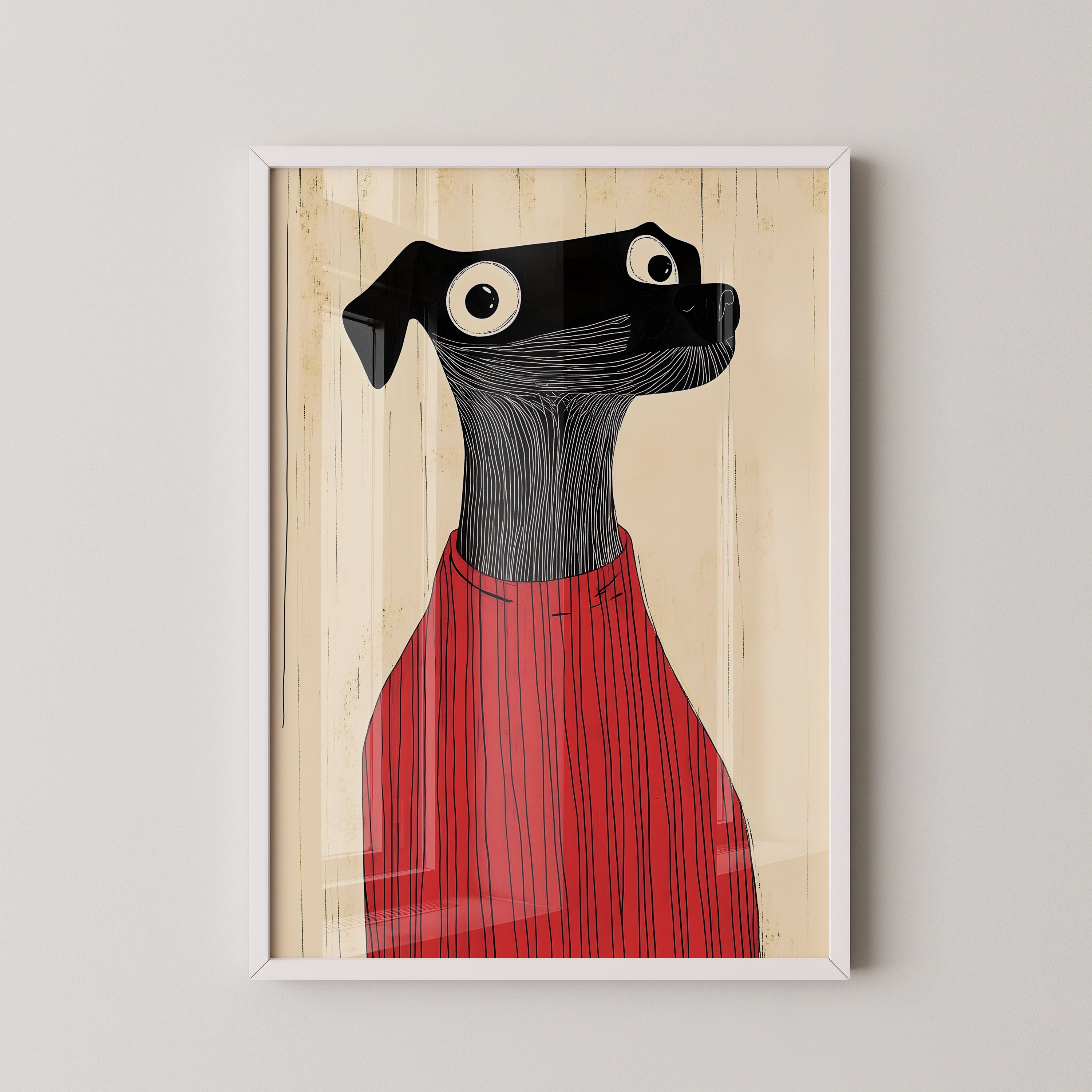 Whimsical Black Dog in Red – Modern Art