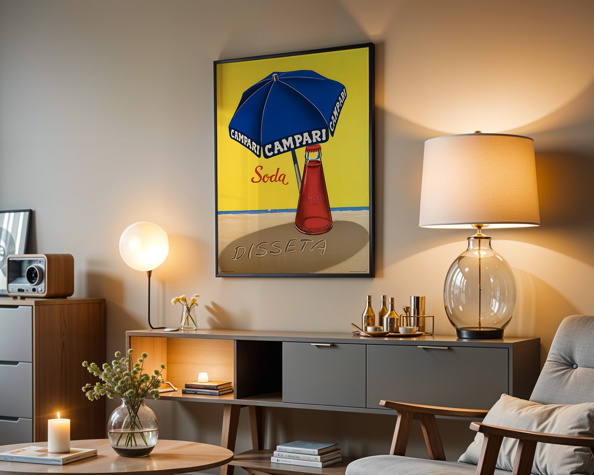 Blue Umbrella & Red Bottle – Vintage Beach Poster