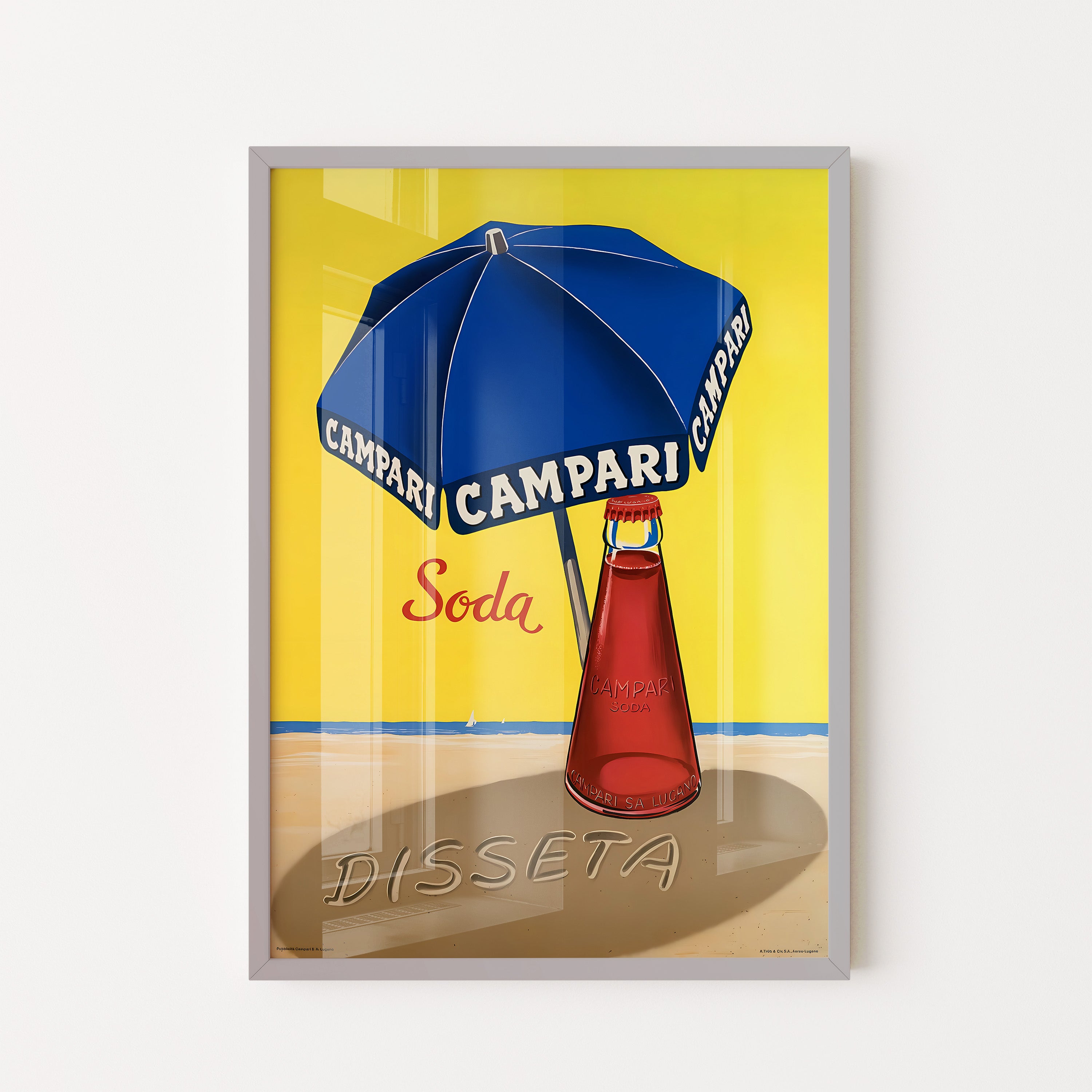 Blue Umbrella & Red Bottle – Vintage Beach Poster