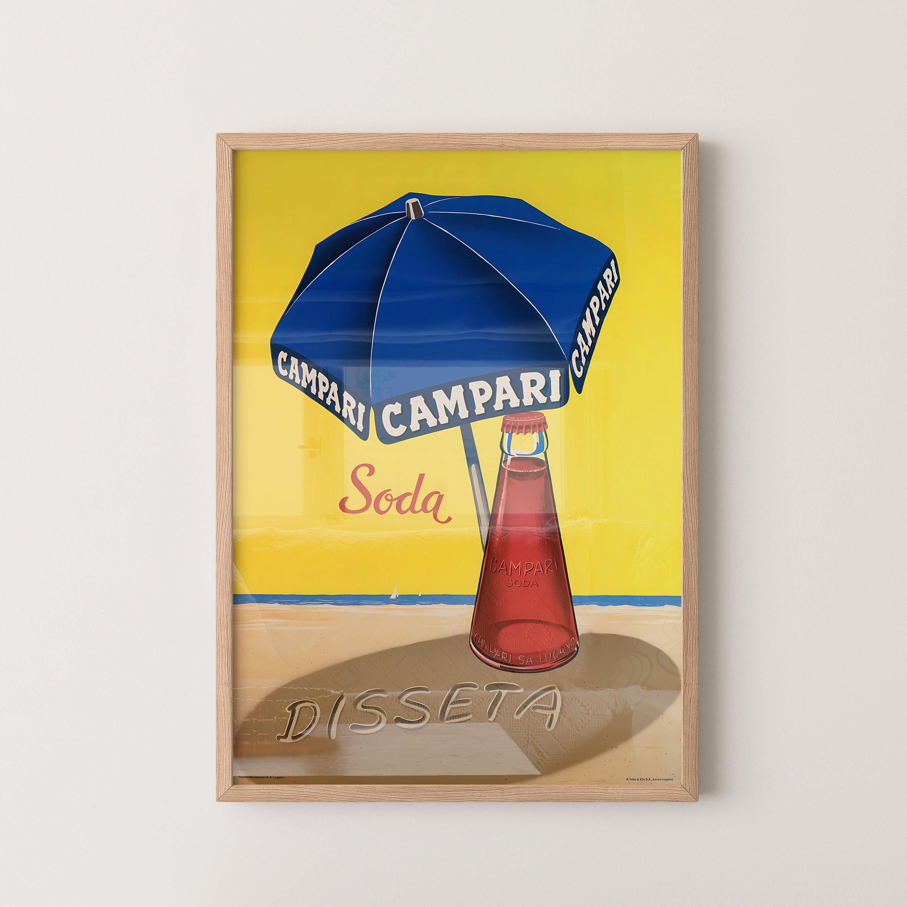 Blue Umbrella & Red Bottle – Vintage Beach Poster