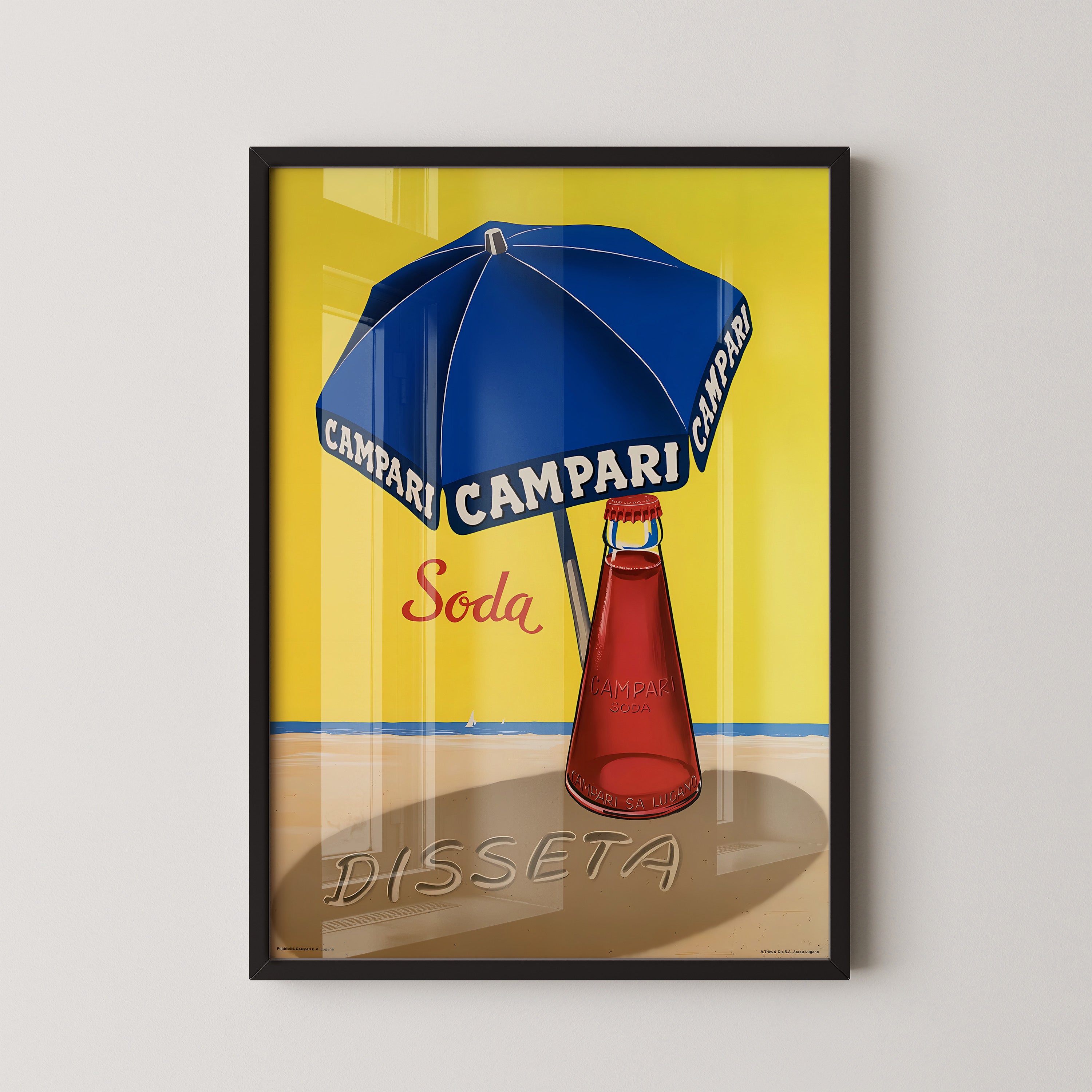 Blue Umbrella & Red Bottle – Vintage Beach Poster