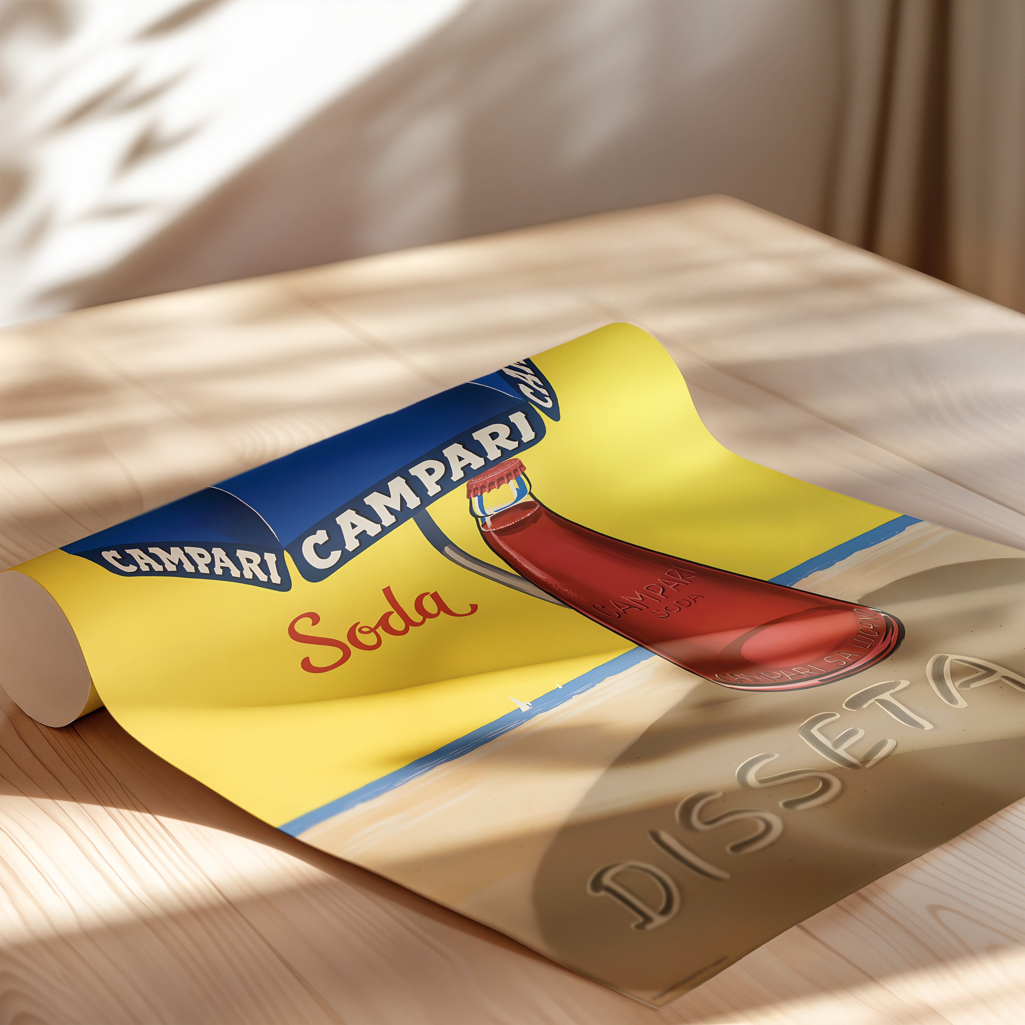 Blue Umbrella & Red Bottle – Vintage Beach Poster