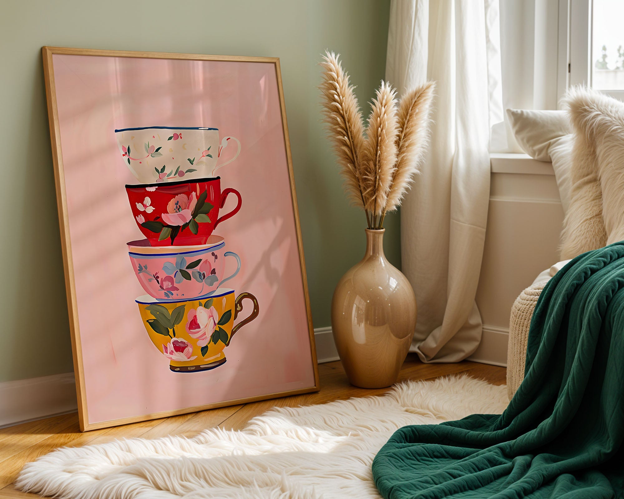 Stacked Floral Teacups – Charming Kitchen Art
