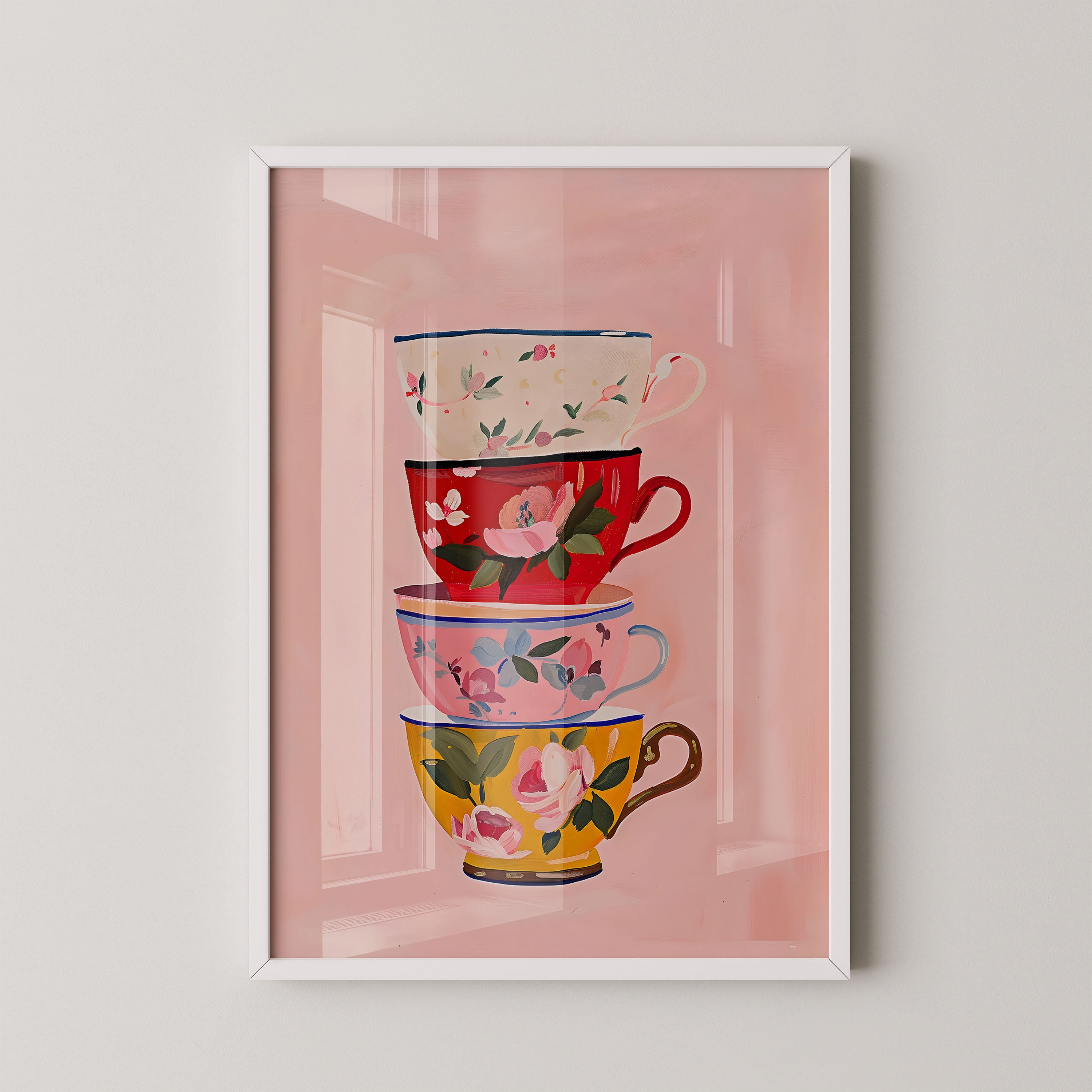 Stacked Floral Teacups – Charming Kitchen Art