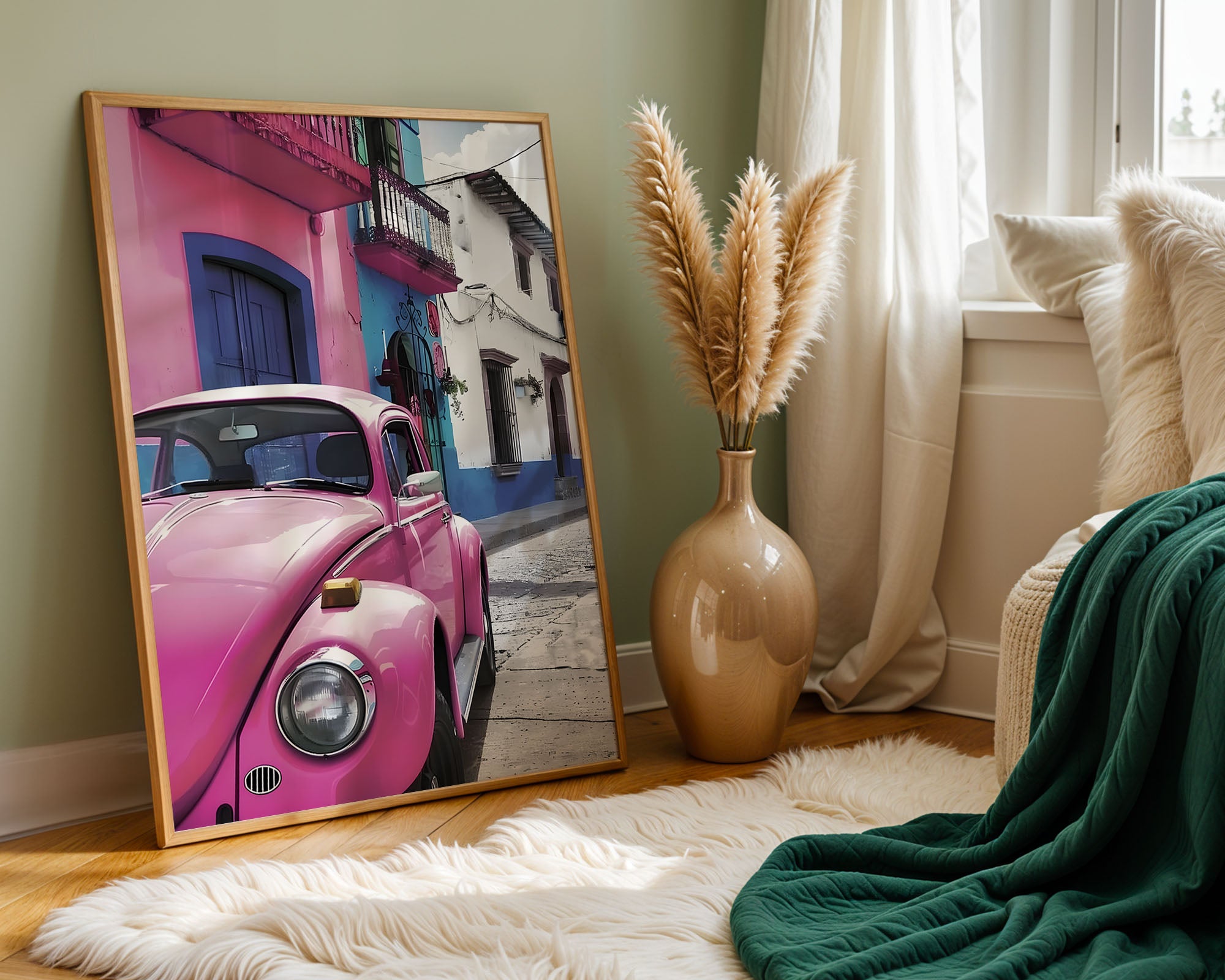 Pink Beetle Street Scene – Urban Retro Art