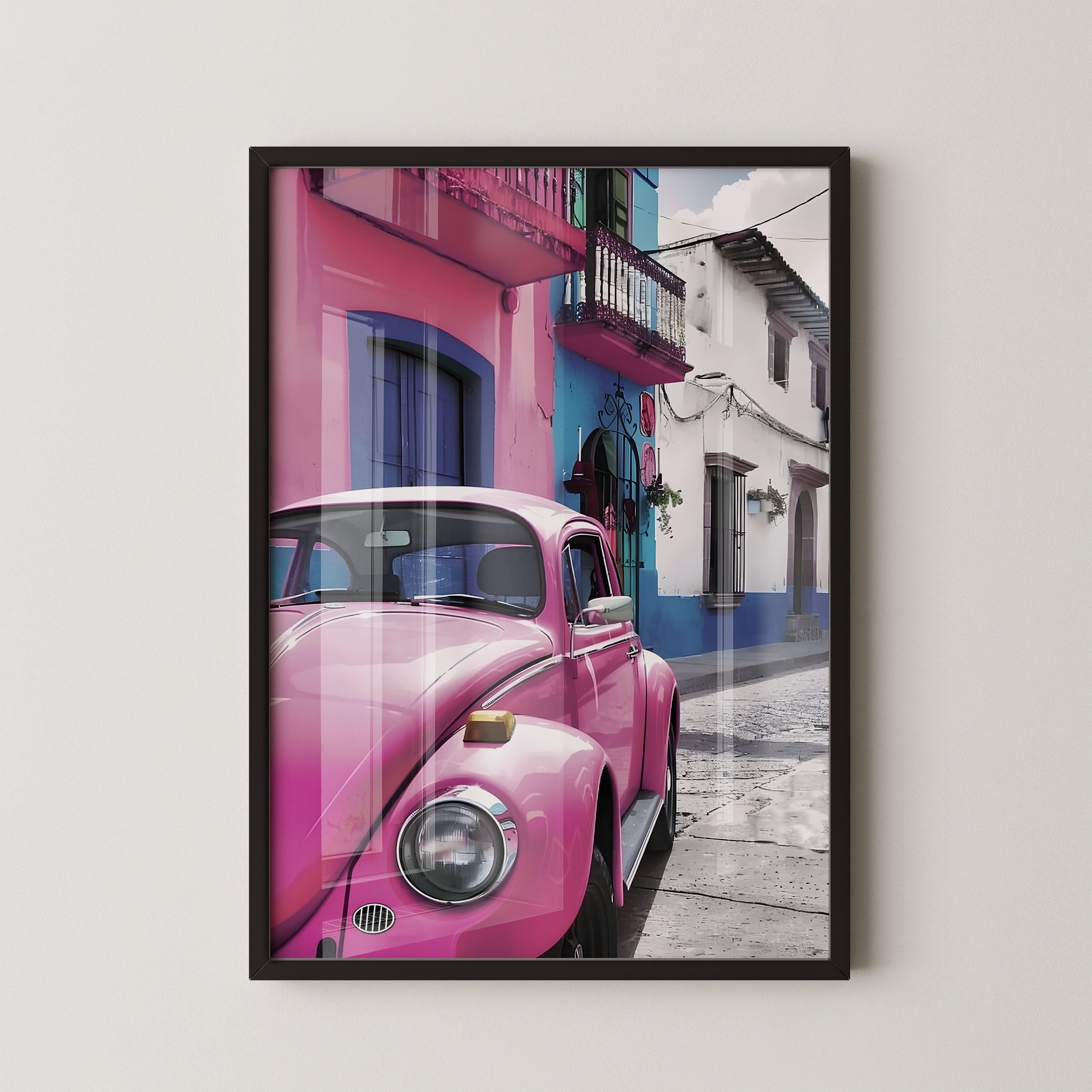 Pink Beetle Street Scene – Urban Retro Art