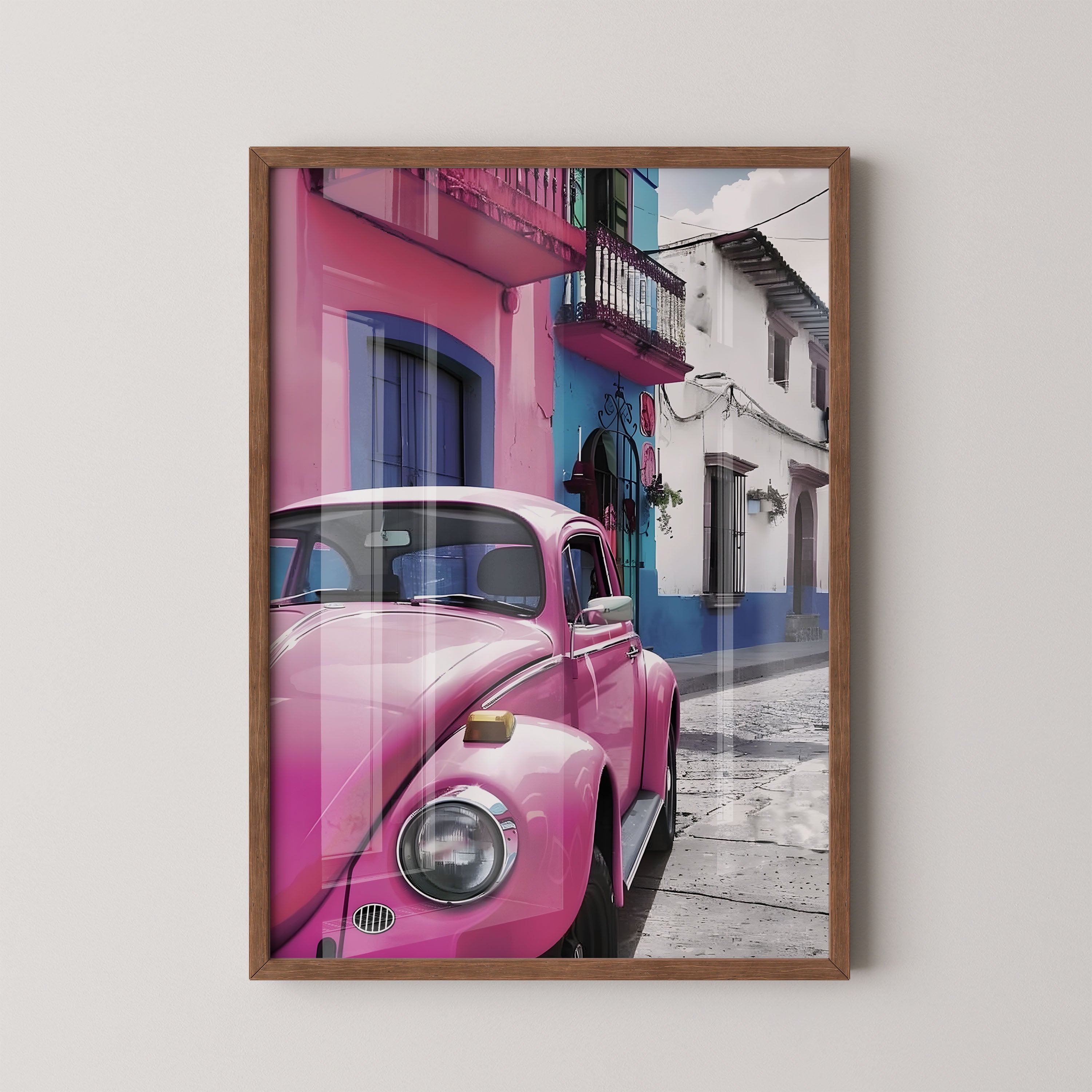 Pink Beetle Street Scene – Urban Retro Art