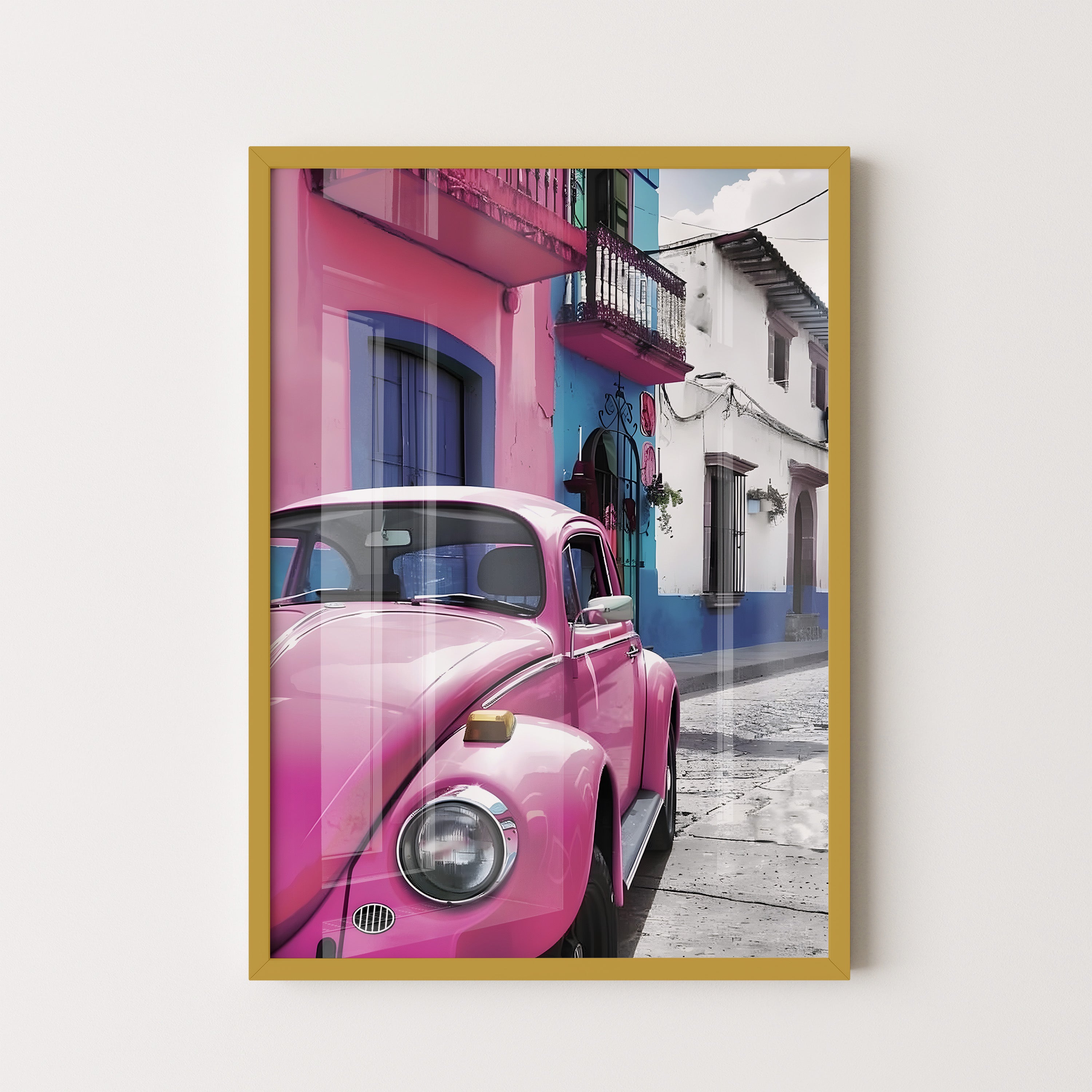 Pink Beetle Street Scene – Urban Retro Art