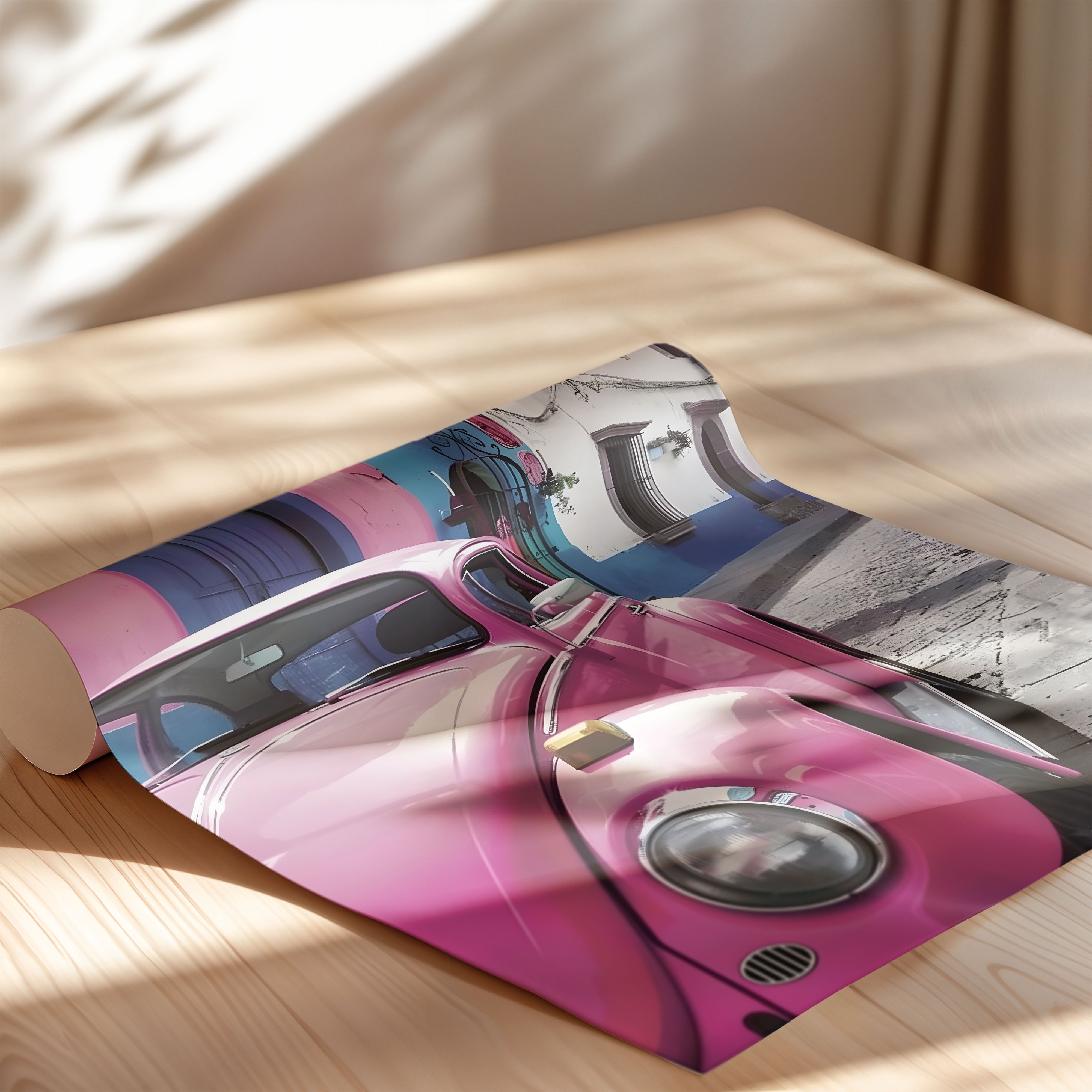 Pink Beetle Street Scene – Urban Retro Art